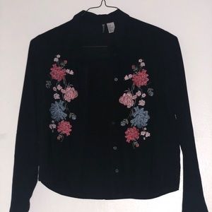 H&M Embroidered flower button up blouse